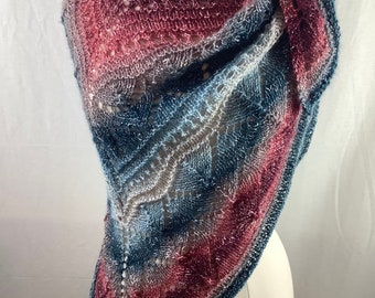 Knit shawl/Red blue white silver metallic knit shawl