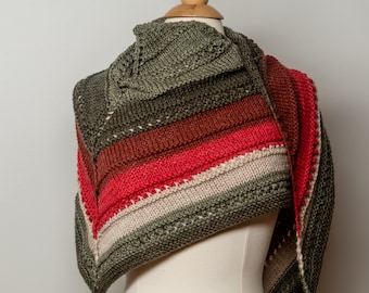 Knit multicolor red gray shawl, knit wool shawl, handmade shawl