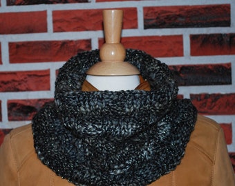 Knit cowl/Black, grey and gold hand knitted cowl