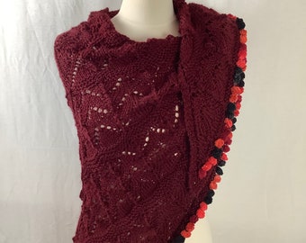 Knit shawl/knit burgundy shawl/burgundy shawl with pom poms