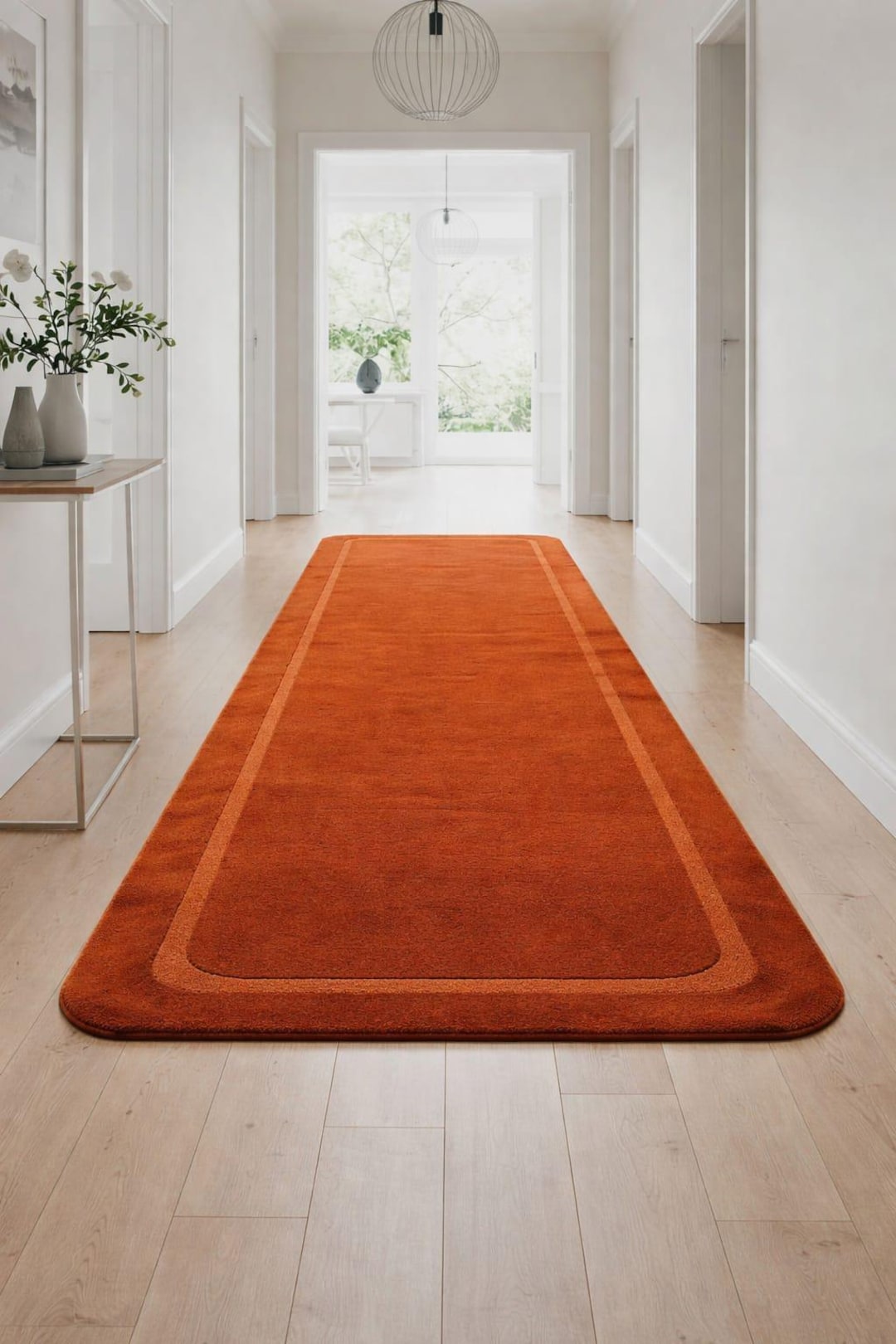 Burnt Orange Hallway Runner Rug, Minimalist Border Runner Carpet ...