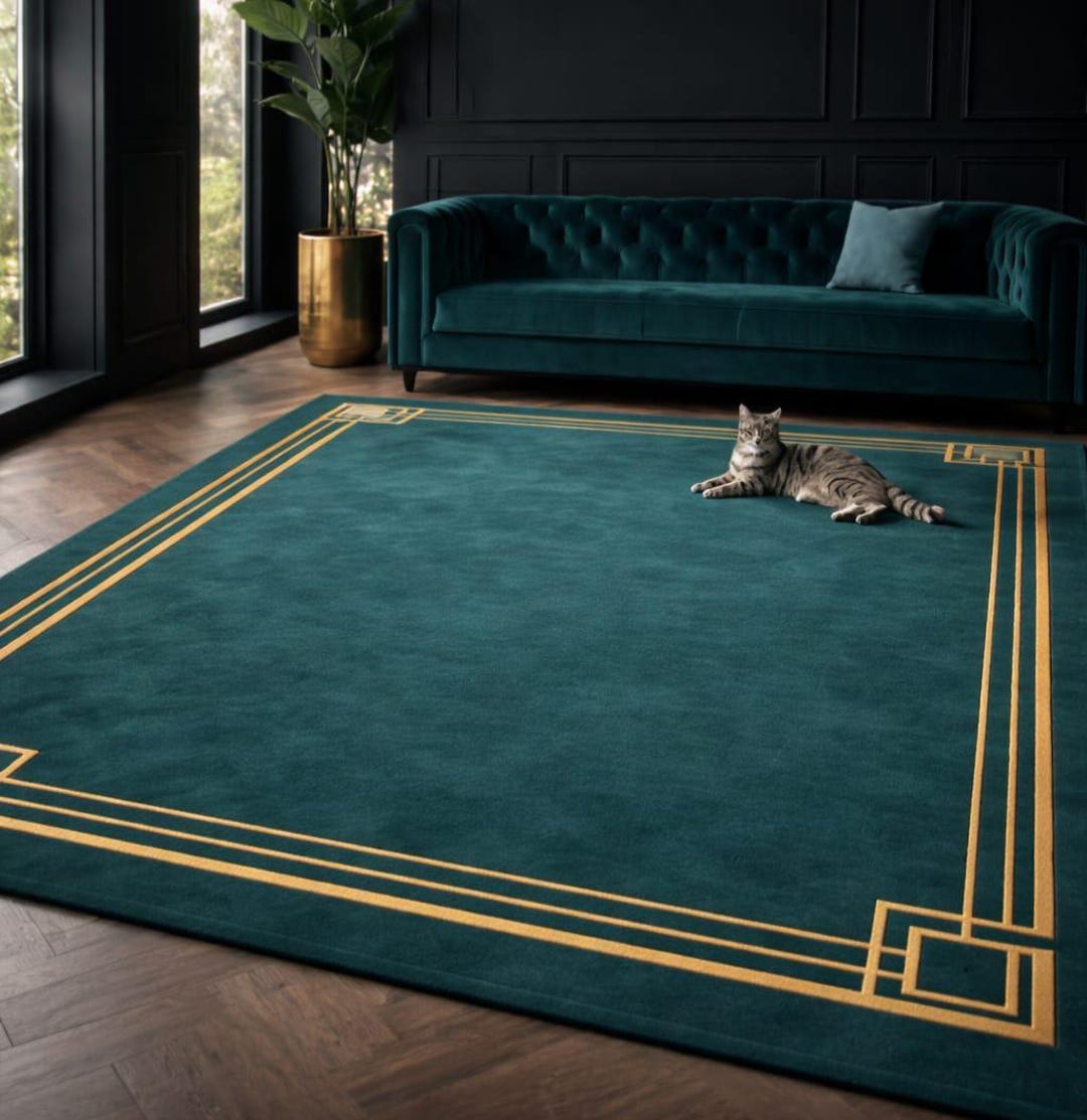 Handmade Tufted Green Area Rug With Gold Border, Modern Luxury Carpet ...