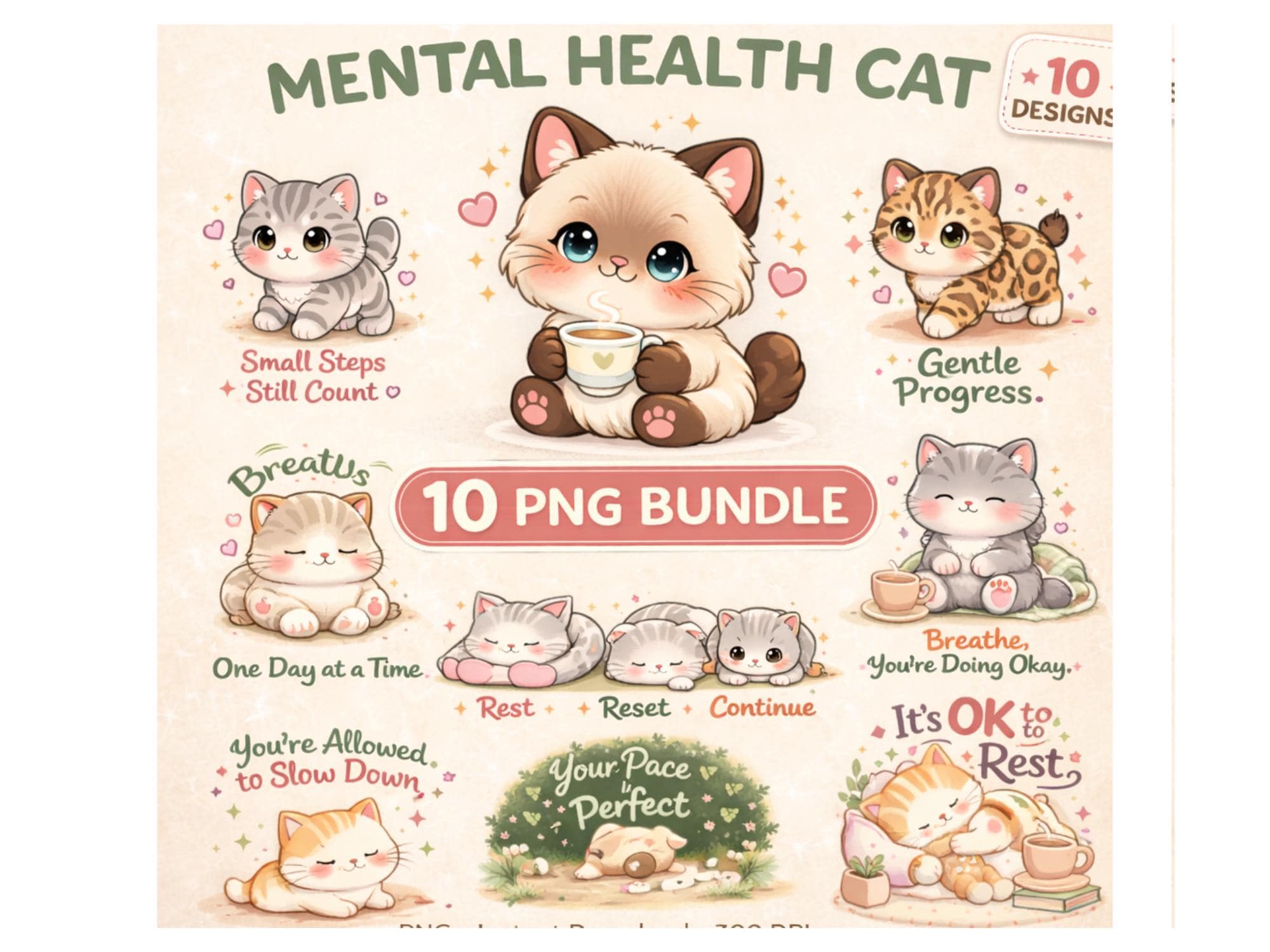 Mental Health Cat PNG Bundle, Kawaii Self Care Quotes Clipart (digital ...