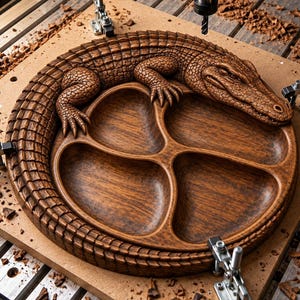 Könnte beinhalten: Ein rundes Serviertablett aus Holz mit einem geschnitzten Alligator, der sich um den Rand windet. Das Tablett ist in vier separate Bereiche unterteilt. Das Holz hat eine satte braune Farbe mit sichtbarer Maserung und detaillierten Schuppen.