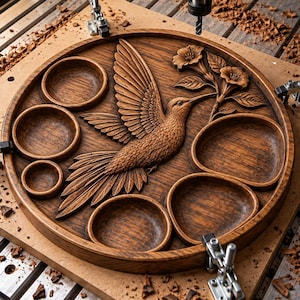 May include: A circular wooden serving tray featuring a detailed relief carving of a hummingbird in flight alongside a floral branch. The tray includes six recessed compartments of varying sizes and shapes, all crafted from dark brown wood with visible grain.
