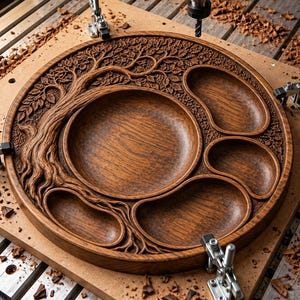 Könnte beinhalten: Ein rundes Serviertablett aus Holz mit einem geschnitzten Baummotiv, das ein großes zentrales Fach und vier kleinere umliegende Bereiche aufweist. Das Tablett ist mit vier Metallklemmen auf einer CNC-Maschinenoberfläche befestigt.