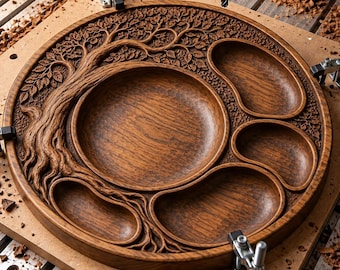 May include: A circular wooden serving tray featuring a carved tree design with a large central compartment and four smaller surrounding sections. The tray is secured to a flat wooden base by four metal clamps on a CNC machine surface.