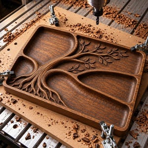 Peut inclure: Un plateau de service rectangulaire en bois sculpté d'un motif d'arbre dont les racines et les branches forment quatre compartiments distincts. Le grain du bois brun foncé est visible sur tout le plateau, fixé par des pinces métalliques.