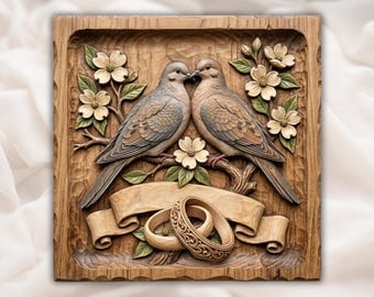May include: A square wooden wall plaque featuring a relief carving of two mourning doves perched on a branch surrounded by dogwood flowers. Below the birds, a carved wooden ribbon banner rests behind two interlocking rings with intricate patterns.