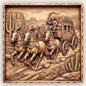 Wild West Stagecoach 3D Relief STL File | CNC Router File | Western Ranch Cowboy Wood Carving | Digital Download
