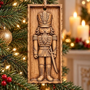 Puede incluir: Un adorno navideño rectangular de madera con un soldado cascanueces tallado en uniforme, con sombrero alto, bigote y espada. La madera de color marrón claro tiene una veta visible y bordes texturizados, con un lazo de yute para colgarlo.