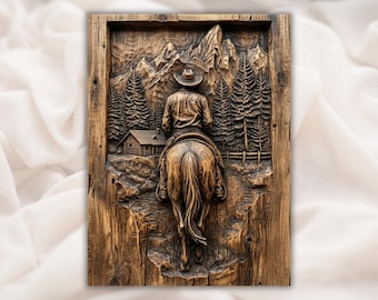 Cowboy te paard 3D STL CNC-reliëfpaneel | Bergboshut westerse houtsnijstijl | Rustieke muurkunst ranch | 3D-afdruklaser