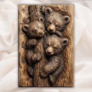 May include: A rectangular wooden relief carving depicting three brown bear cubs on a tree trunk. The bears have detailed fur and expressive faces. The wood has a natural grain and texture, creating a rustic aesthetic.