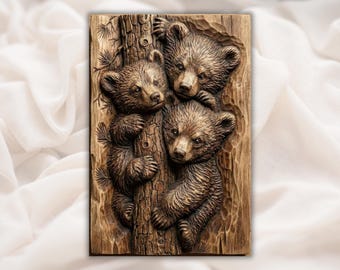 Bear Cubs 3D STL CNC-reliëfpaneel | Schattige babyberen boom knuffel houtsnijwerk stijl | Bos kinderkamerdecoratie | Rustieke muurkunst hut