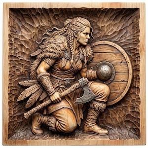 May include: A square wooden wall relief carving depicting a kneeling warrior with braided hair, wearing fur-trimmed clothing and feathers. The figure holds a metal-headed axe and a round wooden shield with a central metal boss, set against a textured background.