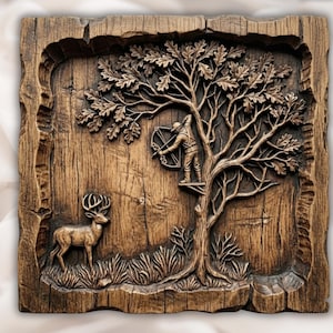 May include: A detailed wooden relief carving depicting a hunting scene. A deer stands near a tree with a hunter in the branches aiming a bow. The artwork is framed with a rustic, textured border.