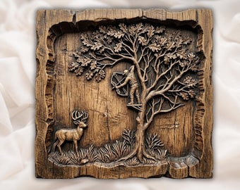 Bow Hunter Deer 3D-reliëf STL | Houtsnijbestand CNC-router | Wandpaneel boogschieten jachtboom scène | Rustiek interieur in hut