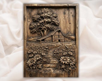 Bloemenpad rustiek schuur 3D-reliëf STL | Boerderij landschap boom muurkunst paneel | Landdecor