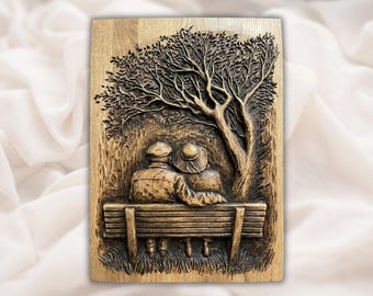 Koppel op bank 3D STL CNC-reliëfpaneel | Romantische liefde voor houtsnijwerk | Muurkunst jubileum huwelijkscadeau | CNC-router 3D-printlaser