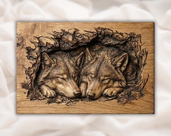 Slapende wolven 3D STL CNC-reliëfpaneel | Houtsnijwerkstijl wolvenpaar | Rustieke Cabin Lodge-muurkunst met dieren in het wild