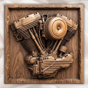 Pode incluir: Uma placa de parede quadrada de madeira com uma escultura em relevo tridimensional detalhada de um motor de motocicleta em V. O grão natural da madeira castanha é visível em toda a escultura, destacando os cilindros e o filtro de ar.
