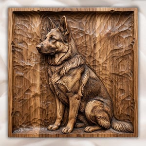 Könnte beinhalten: Eine quadratische Wandplatte aus Holz mit einem detaillierten Reliefschnitzwerk eines sitzenden Deutschen Schäferhundes im Profil. Der Hund ist mit texturierten Fell-Details dargestellt und der Hintergrund hat eine handgeschnitzte Holzoptik.