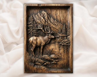 Elk hert 3D STL CNC-reliëfpaneel | Berghut Meerbos Houtsnijwerkstijl | Muurkunst met wilde dieren in rustieke lodge
