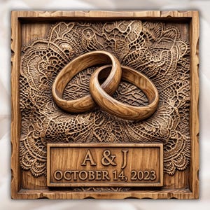 May include: A square wooden wall plaque featuring a carved relief of two interlocking rings resting on a detailed lace pattern. Below the rings, a rectangular panel is engraved with the text A & J and the date OCTOBER 14, 2023.