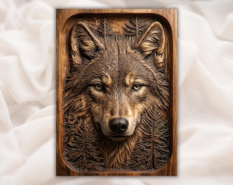 Wolf Head 3D STL CNC-reliëfpaneel | Houtsnijwerkstijl met wolvengezicht | Rustieke Cabin Lodge natuur kunst aan de muur | CNC-router 3D-printlaser