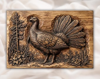 Kalkoenvogel 3D-reliëf STL | Houtsnijbestand CNC-router | Wild kalkoenbos muurkunstpaneel | Rustiek decor jachthuis