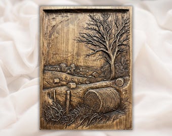 Boerderijlandschap 3D STL CNC-reliëfpaneel | Hooibaal Landelijk Veld Houtsnijwerk Stijl | Rustieke boerderij schuur muurkunst | 3D-afdruklaser