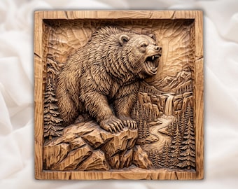 May include: A square wooden wall plaque featuring a detailed relief carving of a grizzly bear standing on a rocky cliff. The bear is shown with its mouth open, facing right. The background depicts a forest, a waterfall, and a winding river.
