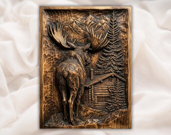 Moose 3D STL CNC-reliëfpaneel | Blokhut Bergbos Houtsnijwerkstijl | Rustieke lodge natuur kunst aan de muur | 3D-print lasergravure