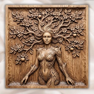 May include: A square wooden wall plaque featuring a detailed relief carving of a human figure whose hair transforms into the branches of a flowering tree. The figure has a textured, bark-like torso, and the tree branches are adorned with blossoms and fruit.