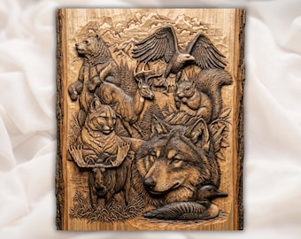 Wildlife 3D STL CNC-reliëfpaneel | Houtsnijwerk muurkunst | Beer wolf hert adelaar eekhoorn | Rustiek hutdecor | 3D-print lasergravure