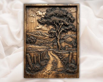 Landwegboerderij 3D-reliëf STL | Rustieke boomschuur landschap muurkunst paneel | Huisdecoratie boerderij
