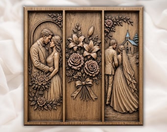 May include: A rectangular wooden wall plaque featuring three carved panels. The left panel shows a couple facing each other. The centre panel displays a bouquet of roses and lilies. The right panel depicts a couple walking towards a small church.