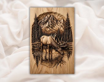 Herten 3D STL CNC-reliëfpaneel | Stijl houtsnijwerk bergbos | Drinkwater eland | Rustieke muurkunst hut | 3D-print lasergravure