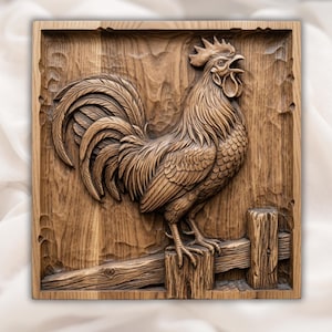 May include: A square wooden wall plaque featuring a detailed relief carving of a rooster standing on a fence post. The natural brown wood grain is visible throughout the piece, with textured edges and intricate feather details on the bird.