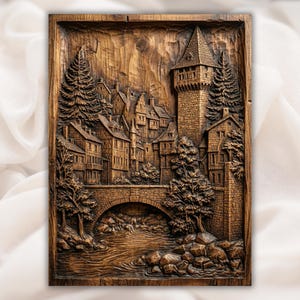 May include: A detailed, rectangular wooden relief carving depicting a European village scene. The artwork features a stone bridge over a river, buildings, trees, and a tall tower. The carving is in shades of brown.