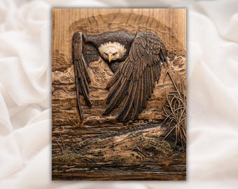 Bald Eagle 3D STL CNC-reliëfpaneel | Adelaar jagen vis houtsnijwerk stijl | Rustieke muurkunst in wilde dieren in het wild | 3D-print lasergravurebestand