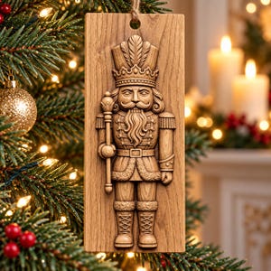 Puede incluir: Un adorno rectangular de madera con una talla en relieve detallada de un soldado cascanueces. El cascanueces lleva un sombrero alto con plumas, una corona y un uniforme con charreteras. Sostiene un cetro sobre una placa de madera plana.