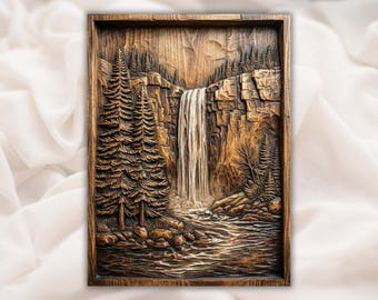 Waterval 3D STL CNC-reliëfpaneel | Bos Rivier Berglandschap Houtsnijwerkstijl | Rustieke muurkunst Cabin Lodge