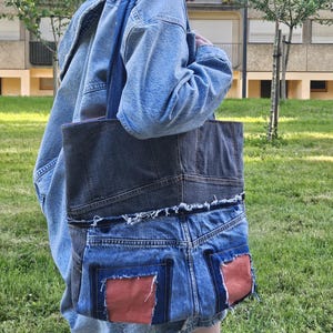 Upcycled Denim Tote Bag, Handmade Patchwork Jean Bag, Recycled Denim Shoulder Bag, One of a Kind Sustainable Gift
