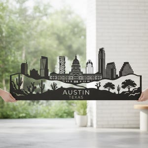 Austin Texas Skyline Metal Wall Art, Panoramic Cityscape Sign, Modern Living Room Decor, Housewarming Gift for Austin Natives