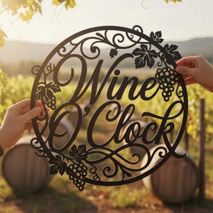 May include: A circular black metal wall sign featuring the text "Wine O'Clock" in a cursive script. The design is framed by intricate scrollwork and decorative grape clusters with leaves, creating a detailed silhouette against the background.