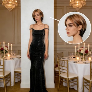 Könnte beinhalten: Eine Frau trägt ein bodenlanges, paillettenbesetztes, schwarzes Abendkleid mit dünnen Trägern. Das Kleid hat ein figurbetontes Oberteil und einen leichten Saum. Die Frau hat kurzes, gestuftes Haar mit dunklen Ansätzen und helleren Highlights. Im Hintergrund ein Esszimmer mit Tischen, Stühlen und Kronleuchtern.