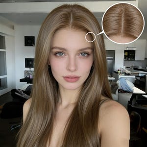 Puede incluir: Una mujer con cabello largo y castaño claro, con raya en medio. El cabello cae en ondas sueltas. Un primer plano muestra la raíz natural del cabello. La mujer tiene piel clara, ojos azules y una expresión neutra. El fondo es un interior borroso.