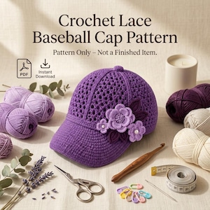 Padrão de boné de beisebol de crochê em PDF, padrão de boné de verão com renda, padrão de chapéu para atividades ao ar livre, padrão de chapéu de sol em PDF, guia de crochê para iniciantes