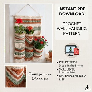 Boho Basket Wall Crochet PDF Pattern, Flower Wall Basket Tutorial, Basket Brackets Style Home Decor, Easy DIY
